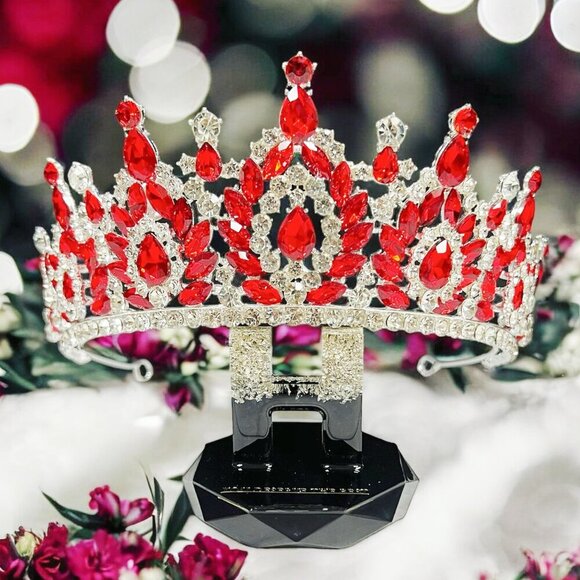 Silver Crystal Tiara, Wedding Bridal Crown, Prom Party Crown, Red Crystal Crown - Picture 1 of 6